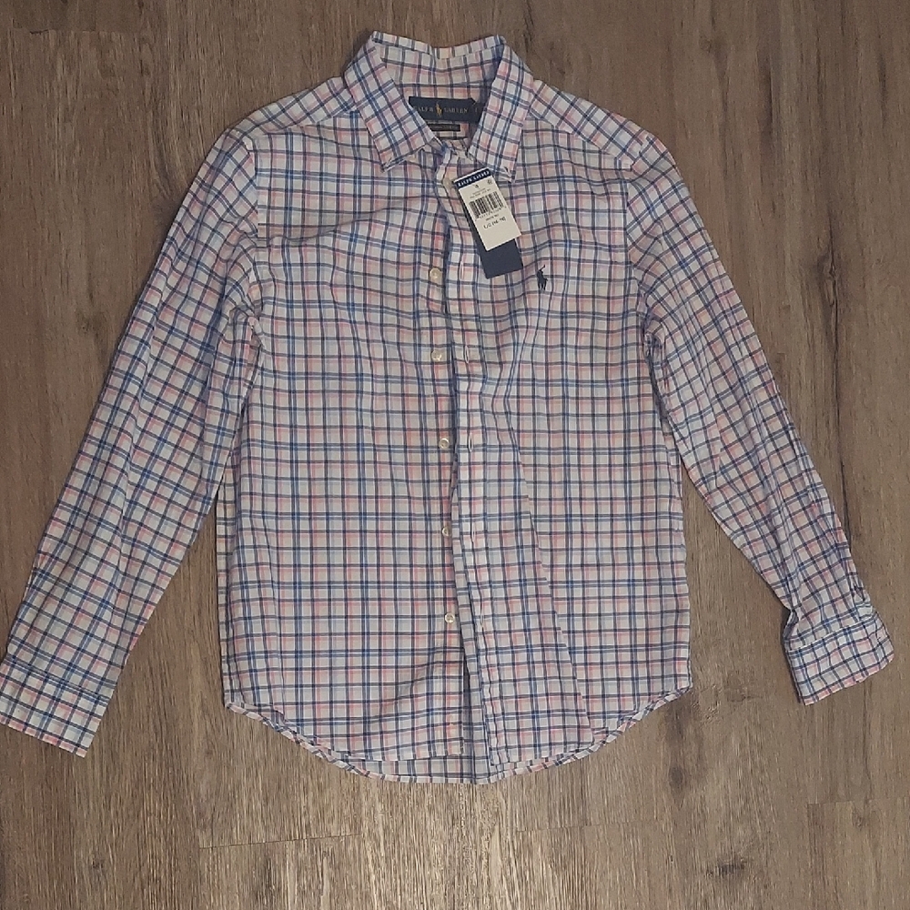 Ralph Lauren White Plaid Button-Up Shirt with Blue & Pink Stripes